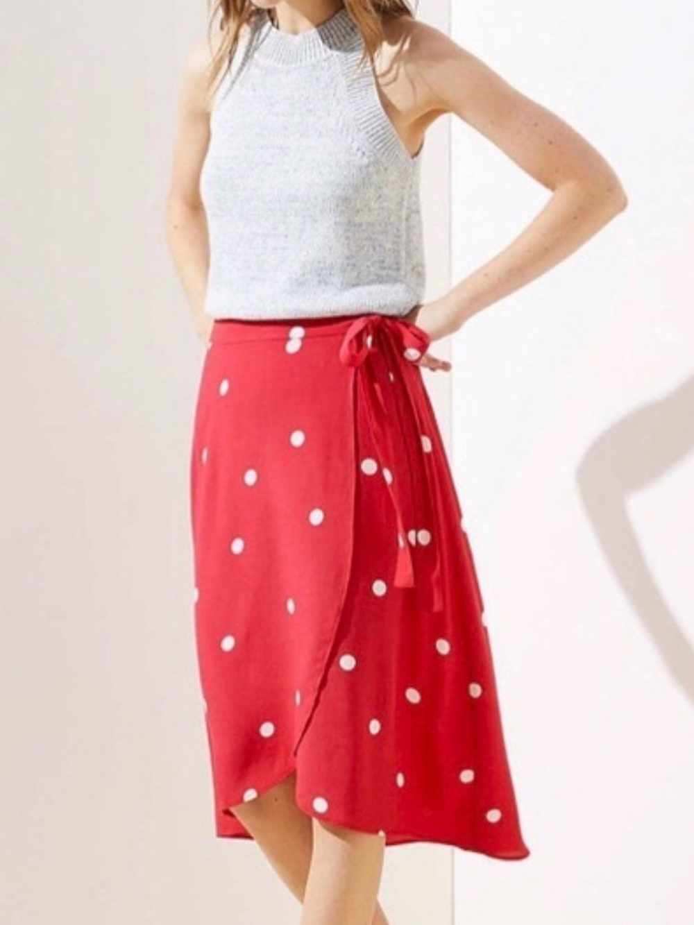 NWT LOFT Red Polka Dot Wrap Skirt